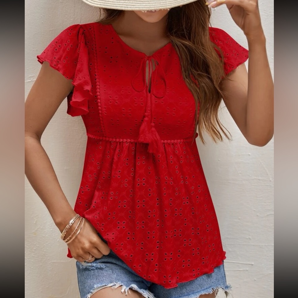 Boho tie neck eyelet embroidery blouse